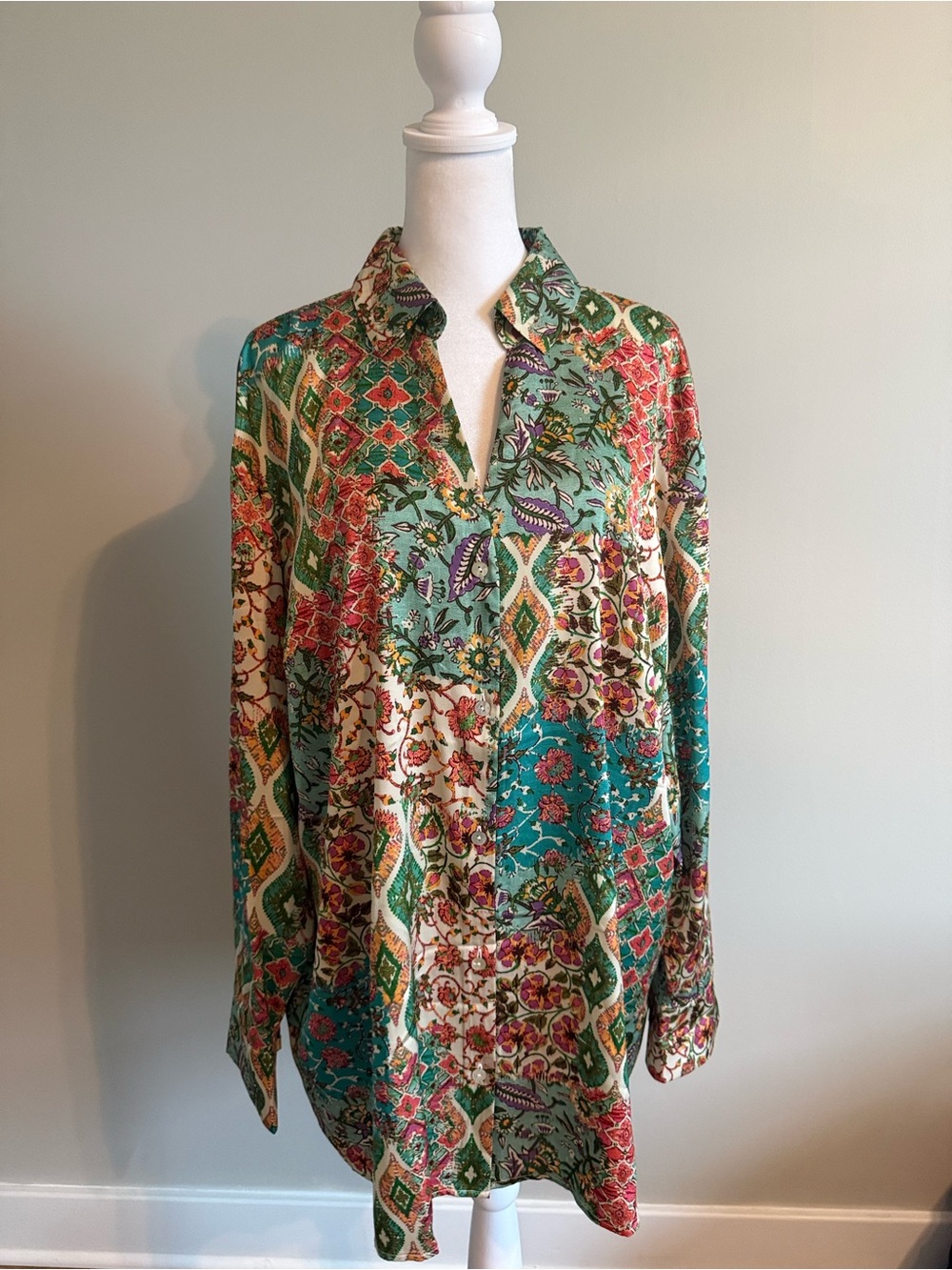 Susan Graver Floral Print Blouse in Mint, Pink & Yellow